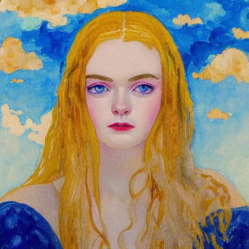 Image similar to professional painting of Elle Fanning in Santorini in the style of Henri-Edmond Cross, head and shoulders portrait, symmetrical facial features, smooth, sharp focus, illustration, intricate, stormy weather, extremely detailed masterpiece,