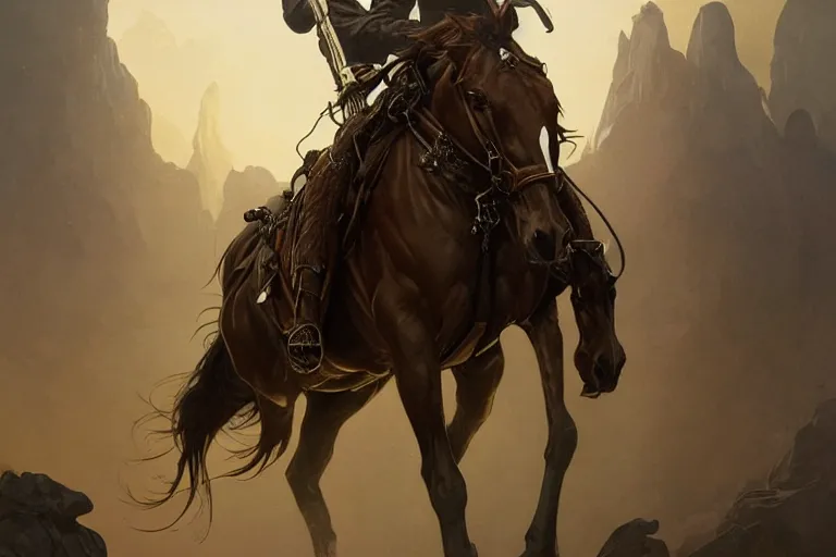 Image similar to rhodium cowboy, famine horseman, fantasy, intricate, elegant, highly detailed, digital painting, artstation, concept art, matte, sharp focus, illustration, art by artgerm and greg rutkowski and alphonse mucha