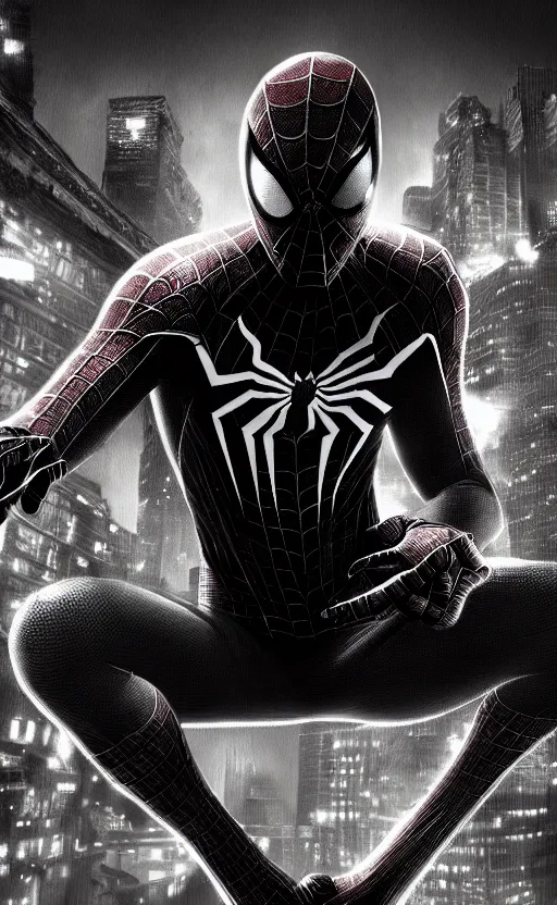 Image similar to epic spiderman noir wallpaper, dynamic lighting, photorealistic fantasy concept art, trending on art station, stunning visuals, creative, cinematic, ultra detailed