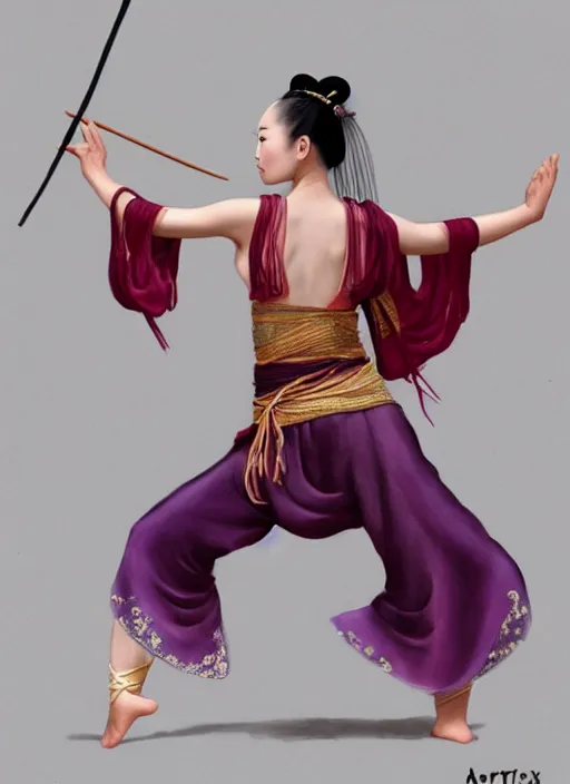 Image similar to a barefoot female dancer using a silk belt as weapon, wuxia, xianxia, barefoot, tanned skin, athletic, vivacious, absurdly beautiful, hanfu, fully clothed, chinese ribbon dance, silk belt, scorpion whip, detailed, realistic, anatomically accurate, in the style of wlop on artstation, wang liang.