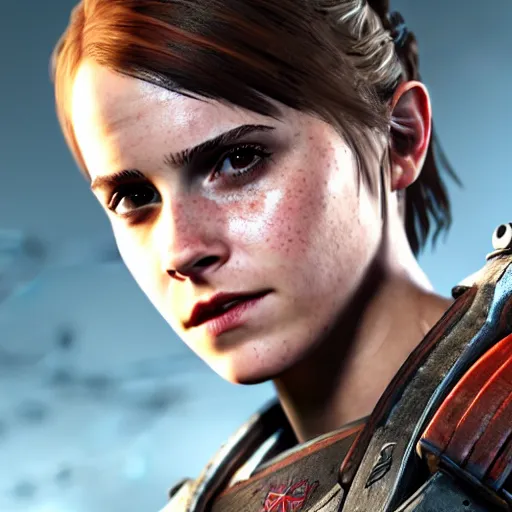 Image similar to emma watson in gears of war, destiny 2, witcher 3, god of war, warframe, cyberpunk 2 0 7 7, overwatch, fortnite, highly detailed, extremely high quality, hd, 4 k, professional photographer, 4 0 mp, lifelike, top - rated, award winning, realistic, detailed lighting, detailed shadows, sharp, edited, corrected, trending