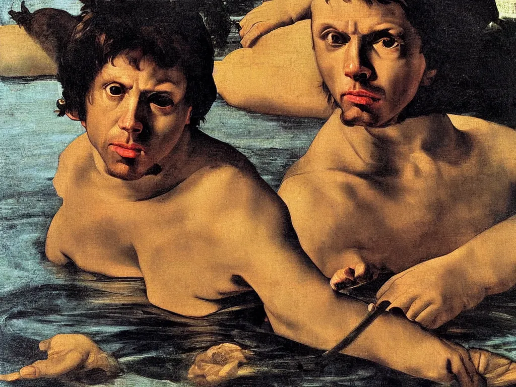 Image similar to Portrait of disturbed blue eyed man swimming in the golden water. Painting by Caravaggio