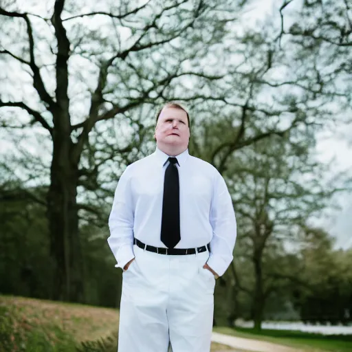 Image similar to clean - shaven chubby white man wearing white dress shirt, necktie, and dress trousers holding a black dress shoe. iq 4, f / 1. 4, iso 2 0 0, 1 / 1 6 0 s, 8 k, raw, dramatic lighting, symmetrical balance, in - frame