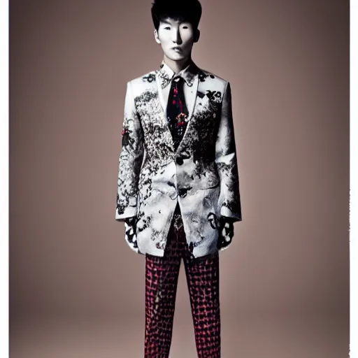 Prompt: a beautiful young korean male wearing moschino couture, photographed by erwin olaf