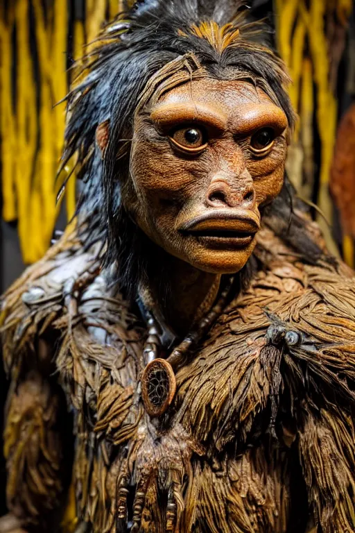 Prompt: photo taken of an epic intricate, ultra detailed, super realistic gritty, hero prop, exquisitely weathered animatronic movie prop of a lifelike sculpture of a huaorani ecuadorian amazon tribe creature displayed in the workshop, created by weta workshop, full body shot, photorealistic, sharp focus