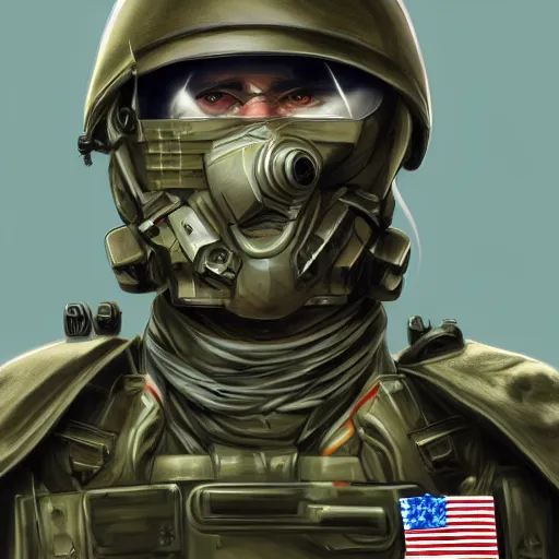 Image similar to Portrait of a futuristic soldier wearing American Army mechanized body armor carrying and American flag, D&D, Powerful, Patriotic, muscular, War, Olive drab, highly detailed, digital painting, artstation, concept art, smooth, sharp focus, illustration