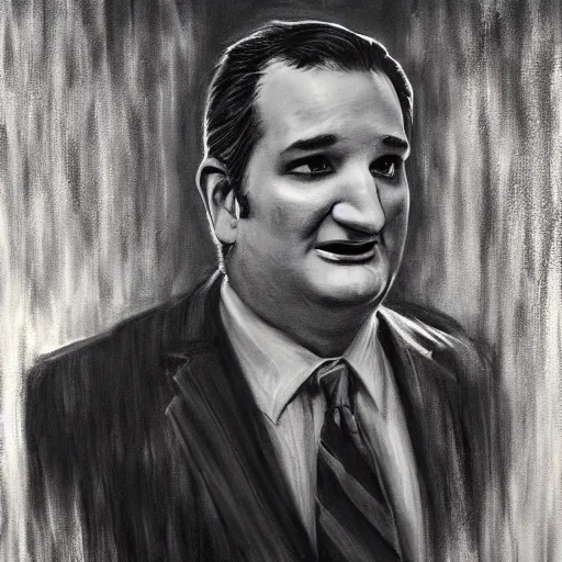 Prompt: Ted Cruz escapes, black and white, creepy lighting, scary, horror, ornate, eerie, fear, oil painting