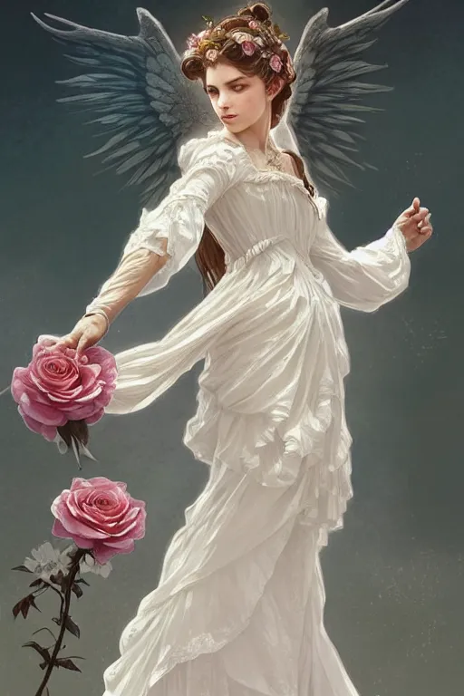 Prompt: angel dressed in a victorian roses white dress fashion, D&D, fantasy, intricate, elegant, highly detailed, digital painting, artstation, concept art, matte, sharp focus, illustration, art by Artgerm and Greg Rutkowski and Alphonse Mucha