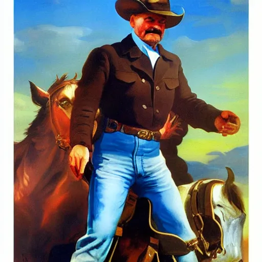 Prompt: Vladimir Lenin as heroic cowboy, painting by Boris Vallejo