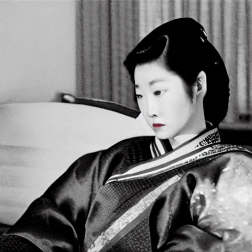 Prompt: a woman in a hanbok sitting on a couch, a starfish arm coming through the window, minimal cinematography by Akira Kurosawa, movie filmstill, 1950s film noir, thriller by Kim Jong-il and Shin Sang-ok, monster movie, tri-x 3200