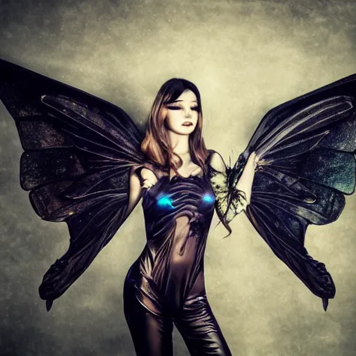 Prompt: a dark cyberpunk faerie with large wings in a dynamic pose, photographed by Merkley???, Svetlana Belyaeva, Photorealistic, professional photo, Zeiss 50mm F 10, dynamic lighting, cinematic