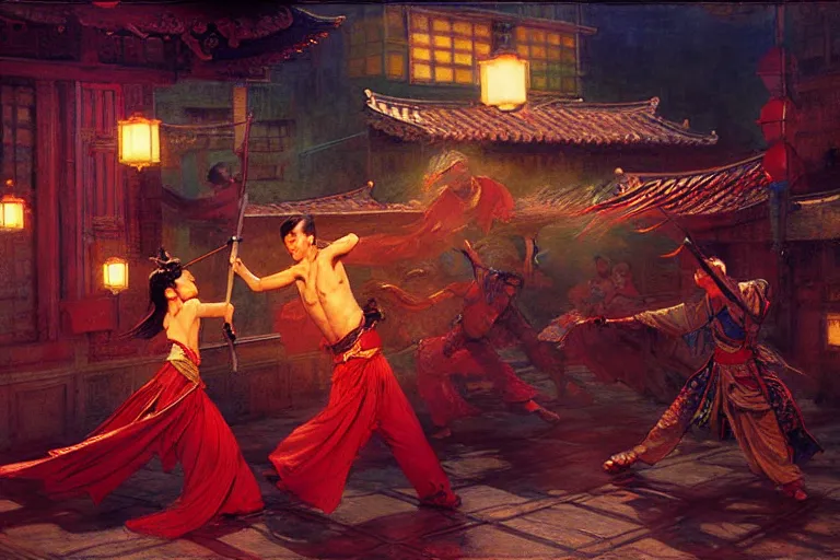 Image similar to wuxia, fight on the roof, neon light, painting by gaston bussiere, craig mullins, j. c. leyendecker