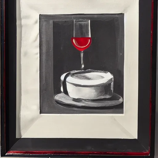 Image similar to a black and white nature morte painting in a bright red frame