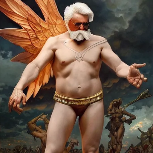 Prompt: a full body portrait of colonel sanders the greek god!! in hell!!! fighting rednecks!!! extremely beautiful, anatomically accurate, by artgerm and by greg rutkowski and by alphonse mucha and by simon bisley, radiant light, detailed and intricate environment,