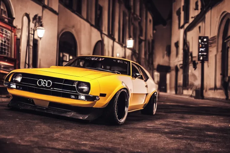 Image similar to widebody audi camaro b 1 ( 1 9 6 9 ), need for speed : carbon, at night, neon lines, lviv historic centre, phonk music background, smoke behind wheels, noise, dark, establishing shot, by simon stalenhag