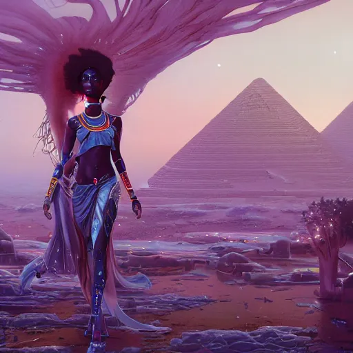 Image similar to highly detailed portrait of an african egyptian goddess entering the voidspace, intricate alien technology, stephen bliss, unreal engine, fantasy art by greg rutkowski, loish, rhads, ferdinand knab, makoto shinkai and lois van baarle, ilya kuvshinov, rossdraws, tom bagshaw, global illumination, radiant light, detailed and intricate environment