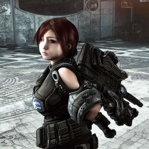 Image similar to anime girl in Gears of War, highly detailed, high quality, HD, 4k, 8k, Canon 300mm, professional photographer, 40mp, lifelike, top-rated, award winning, realistic, sharp, no blur, edited, corrected, trending
