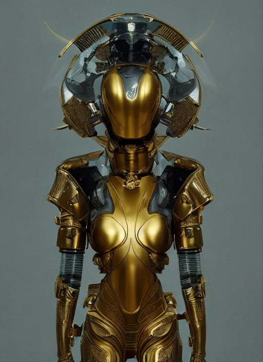 Prompt: portrait of a futuristic geisha cyborg with golden body armor, modern fine art, fractal, intricate, elegant, highly detailed, digital photography, subsurface scattering, by jheronimus bosch and greg rutkowski,