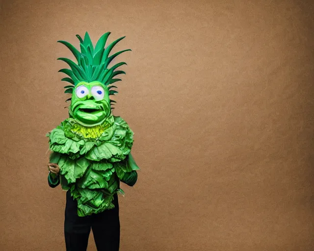 Prompt: a man wearing a cabbage mask, pineapple hat, formal suit, full body, full size, crumpled paper background, hyperrealistic, highly detailed, sharpness, dramatic lighting, modern detailed photo, by mark simonetti, hans giger, david lynch