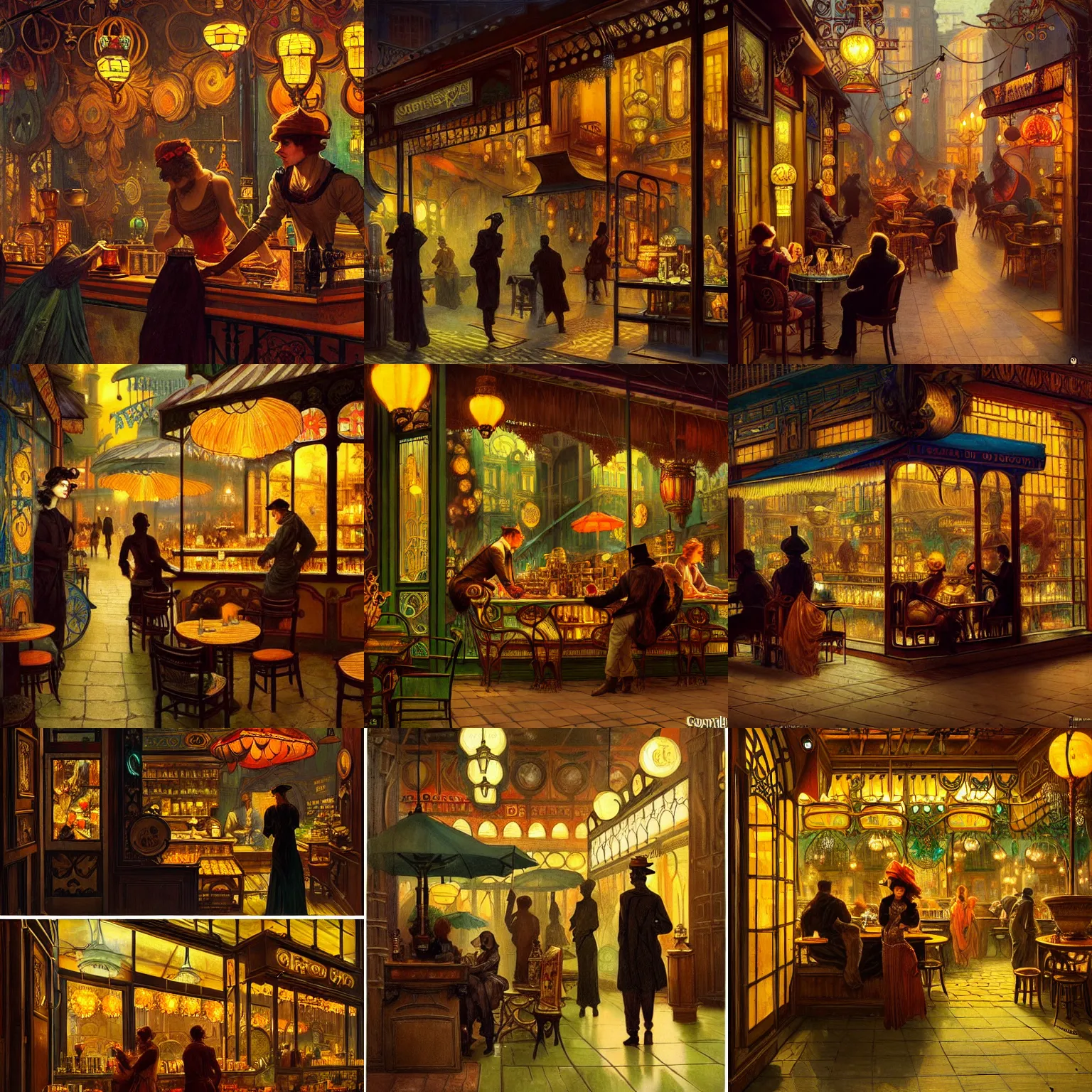 Prompt: 1920s Neo Rococo Expressionist orientalism a coffee shop store in The City of Ukraine at night with a few customers, fantasy concept art, intricate details to everything visible, sharp lighting, Dramatic light by denis villeneuve, strong emphasis on alphonse mucha, Makoto Shinkai
