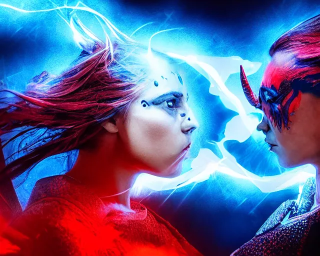 Prompt: red - male - horned - devil and blue - female - angel fighting each other in mirrored pose, dramatic lighting, 8 k, high quality, hyper realistic, 3 5 mm photography, epic action fantasy masterpiece, colorful highlights