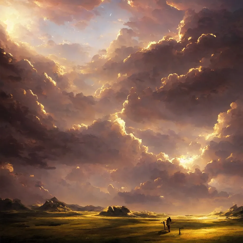 Image similar to a sending down [ of the revelation ] from him who created the earth and the lofty heavens, overdetailed art, by greg rutkowski, by rhads, sharp focus, god looking at me