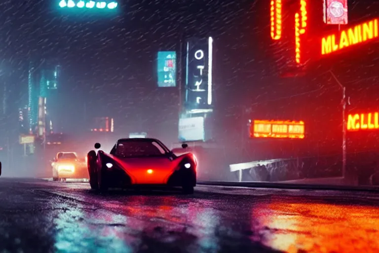 Image similar to a 1 9 3 5 mclaren f 1, speeding down tokyo highway in the rain, night time, neon lights, thunderstorm, movie still from the movie bladerunner 2 0 4 9
