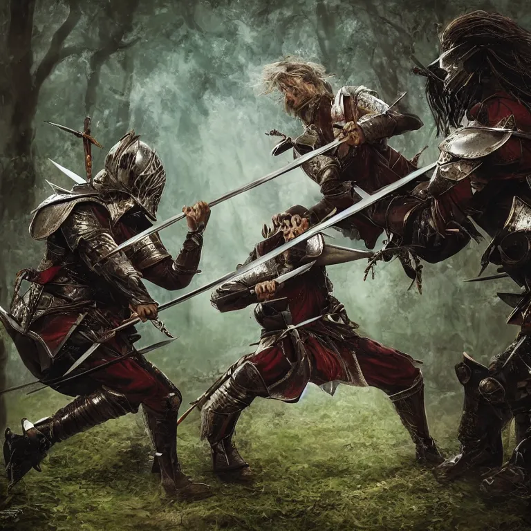 Image similar to two knights fighting with swords in forest, highly detailed, smooth, sharp focus, portrait, concept art, intricate details, fantasy poster, dark athmosphere, 8 k. lifelike. nikon d 8 5 0