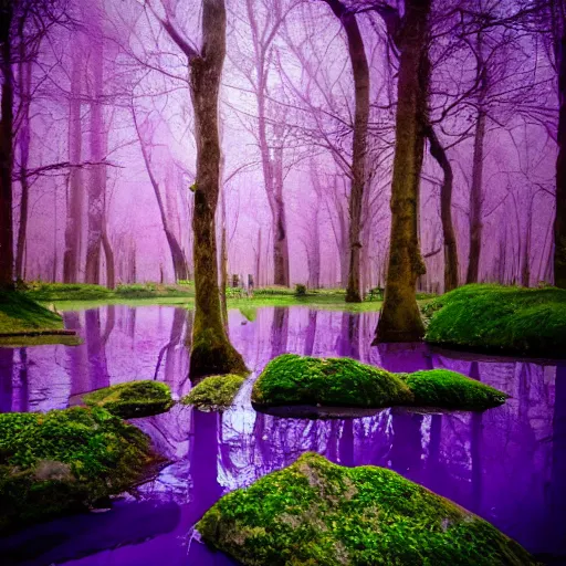 Image similar to ethereal forest with a purple lake
