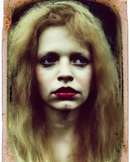 Prompt: an instant photo of a beautiful but sinister ghost in layers of fear, with haunted eyes and wild blonde hair, 1 9 7 0 s, seventies, woodlands, delicate embellishments, a little blood, crimson, painterly, offset printing technique, mary jane ansell