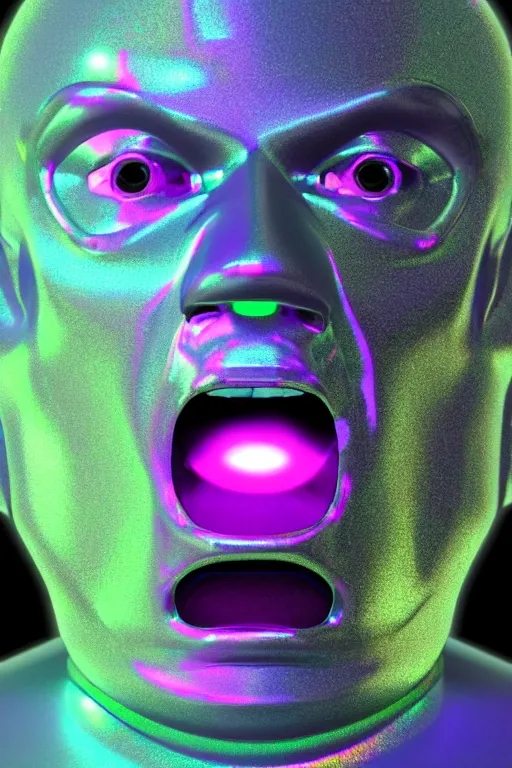 Image similar to 3d render of holographic angry human robotic screaming angry bust made of glossy iridescent, screaming, bust, surrealistic 3d illustration of a human non-binary, non binary model, 3d model human, cryengine, made of holographic texture, holographic material, holographic rainbow, concept of cyborg and artificial intelligence