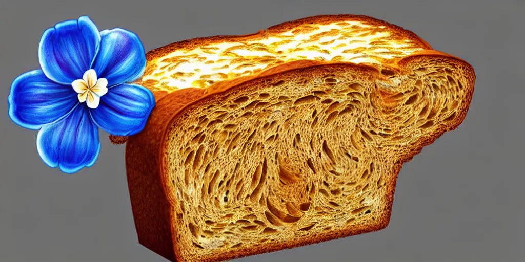 Prompt: epic professional digital art of a bread toast!!! wearing 👓!!!! and a blue flower!!!!, best on artstation, cgsociety, much detail, much wow, masterpiece