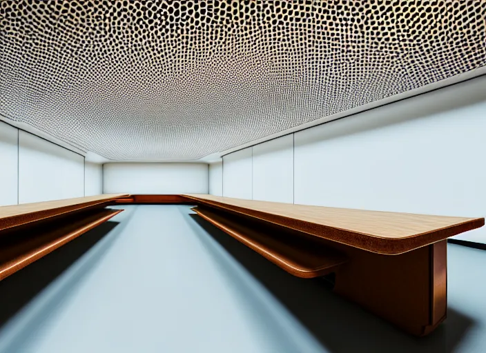 Image similar to cinematic photograph of a large white empty breakroom, retrofuturist liminal space, hundreds of old faux wood tables, crt tv mounted, trypophobia architecture, familiar place, clean, black mold, warm light, amateur, soft vintage glow, unreal engine, photorealistic, trending on artstation