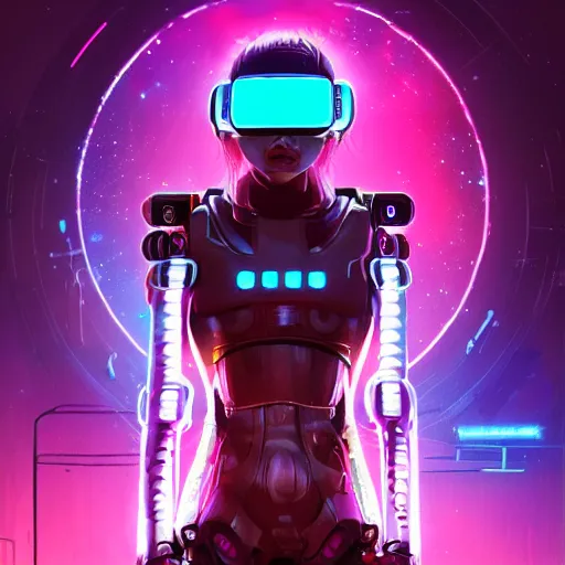 Prompt: cyberpunk concept cool warrior girl bot, galaxy, ufo, space sci - fi, wearing vr goggles, illustration, portrait, pastel neon textured background night, trending on artstation, greg rutkowski, octane rendered, 1 2 k, detailed,