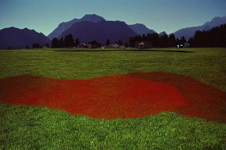 Image similar to film color photography, long view of green lawn with mirror that reflected red, no focus, mountains in distance, 35mm