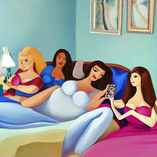 Image similar to stunning, coherent, beautiful painting, still of a group of bbw models taking a picture of each other posing in the same bed , they are all laying down , 3d, in the style of pixar, smooth, 3d, highly detailed, highly detailed, sharp focus, bokeh, depth of field, 16k resolution, Unreal Engine 5, coherent, cinematic lighting, photorealistic