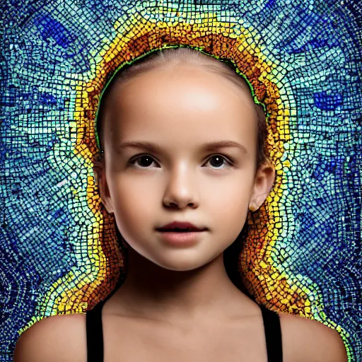 Prompt: mosaic portrait of a beautiful cute young girl with robot ears, 4k, intricate details, digital, sun in the background