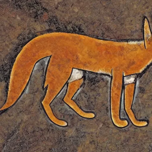 Image similar to neolithic cave painting of a half-fox warrior. strong and powerful anthropomorphic fox. gorgeous eyes. Bipedal foxman holding spear. Heiroglyphic art. carvings, cave scratches in cave wall. art by homo erectus. earthen colors