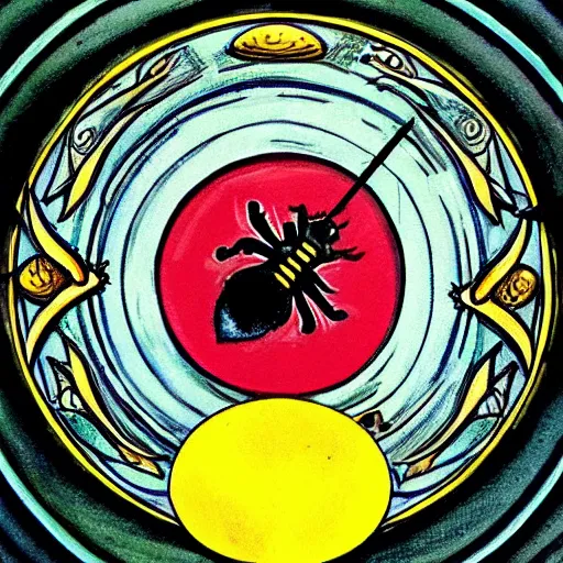 Image similar to a bloody spiritual ritual spell with a bumblebee at the middle of a bullseye, fantasy illustration, art nouveau