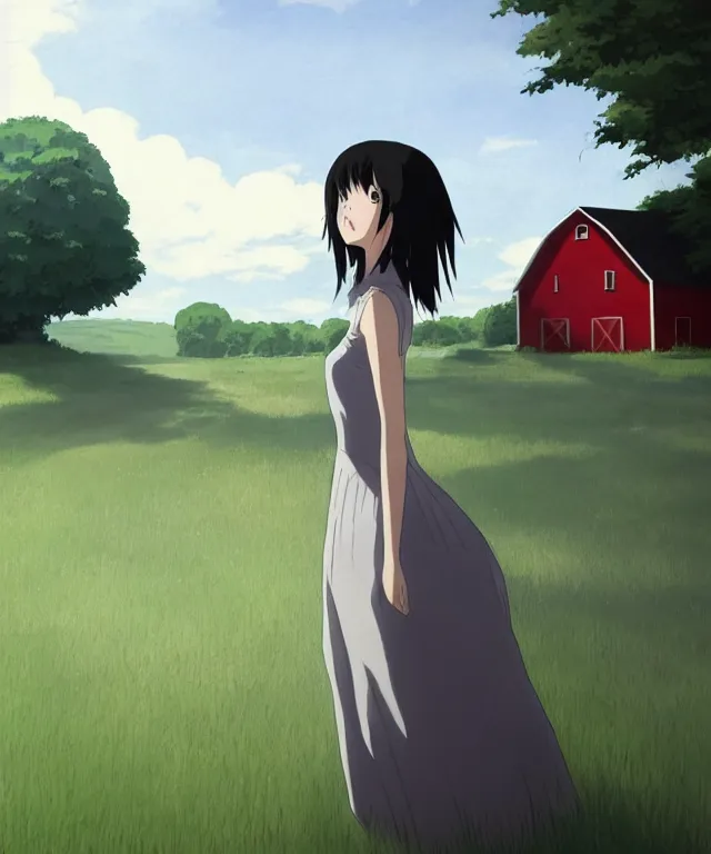 Image similar to a young woman in the shadow! of a red barn!. black hair, white! dress, sharp focus, wide angle, studio ghibli, trending on artstation