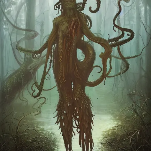Prompt: anime happy lovecraftian swamp monster walking with smile through swamp with tentacles by tom bagshaw and krenz cushart