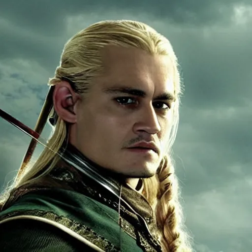 Image similar to stunning awe inspiring johnny depp as legolas in the lord of the rings, movie still 8 k hdr atmospheric lighting