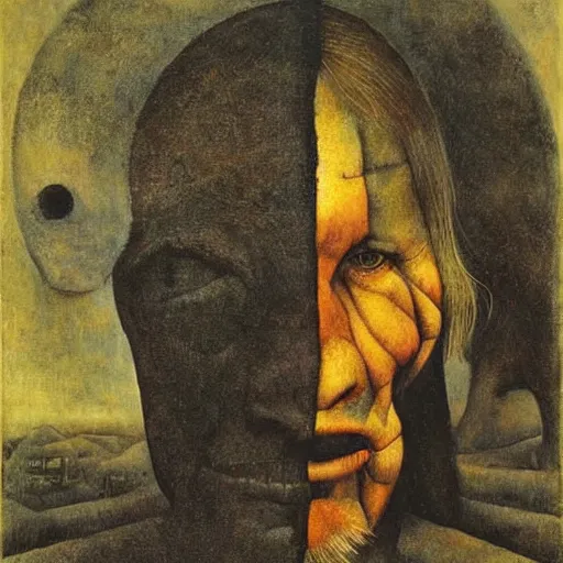 Prompt: half man half beast, by Odd Nerdrum, by M.C. Escher, by Hieronymous Bosch, Kandinsky color palette, masterpiece, beautiful, eerie, surreal, psychedelic