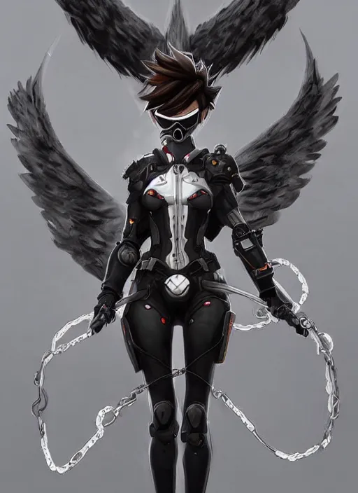 Image similar to full body artwork of tracer overwatch, wearing leather outfit, in style of zdzisław beksinski, angel wings, dramatic painting, symmetrical composition, wearing detailed steel collar, black shiny armor, chains, black harness, detailed face and eyes,