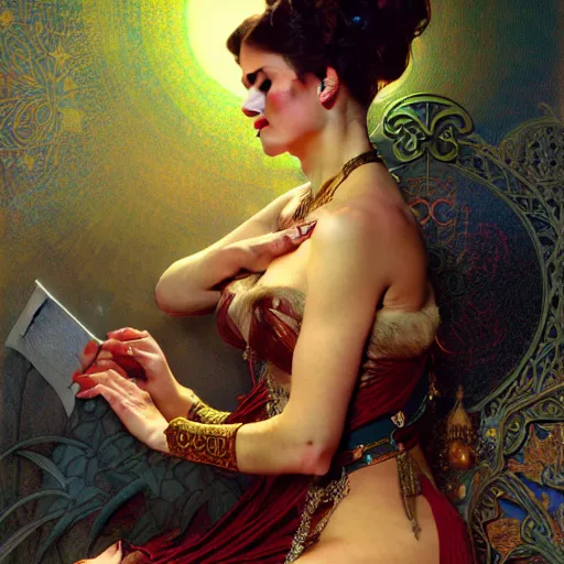 Image similar to of a sensual female tarot card empress, dark fantasy, medium shot, intricate, ornate, elegant, highly detailed, digital painting, volumetric light, artstation, concept art, smooth, sharp focus, illustration, art by Gil Elvgren and Greg Rutkowski and Alphonse Mucha