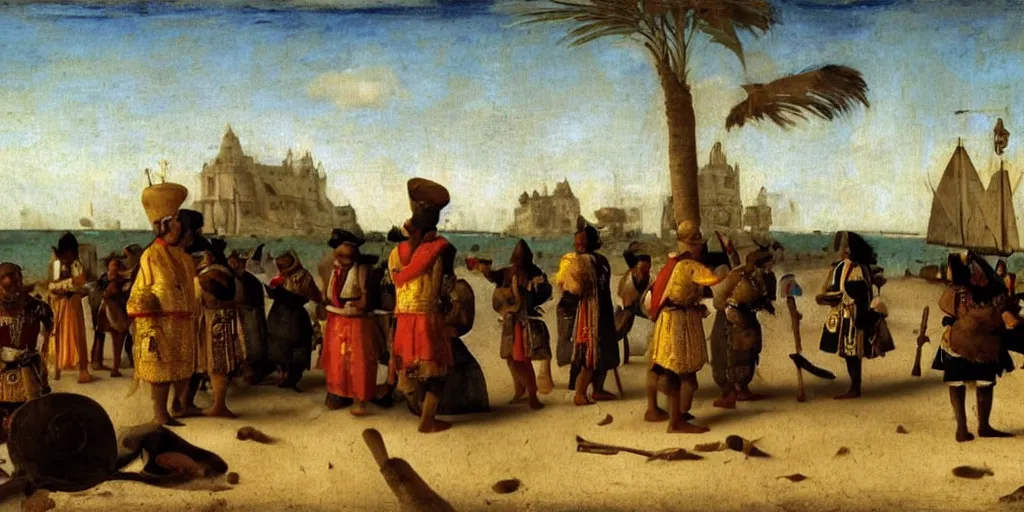 Prompt: arrival of javanese jonk on shores of mexico, majapahit soldiers meeting the aztec leaders on a beach in 1 5 6 7, 1 6 th century oil painting by vermeer, cinematic, highly detailed