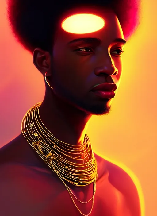 Image similar to portrait of young black man with glowing jewels, afro - futurist style, intricate, elegant, glowing holographic screen, highly detailed, digital painting, artstation, concept art, smooth, sharp focus, illustration, art by wlop, mars ravelo and greg rutkowski