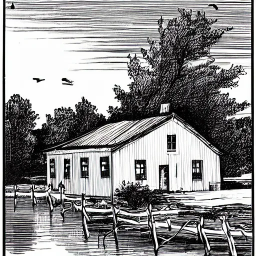 Image similar to black and white comic of a farmhouse beside a lagoon