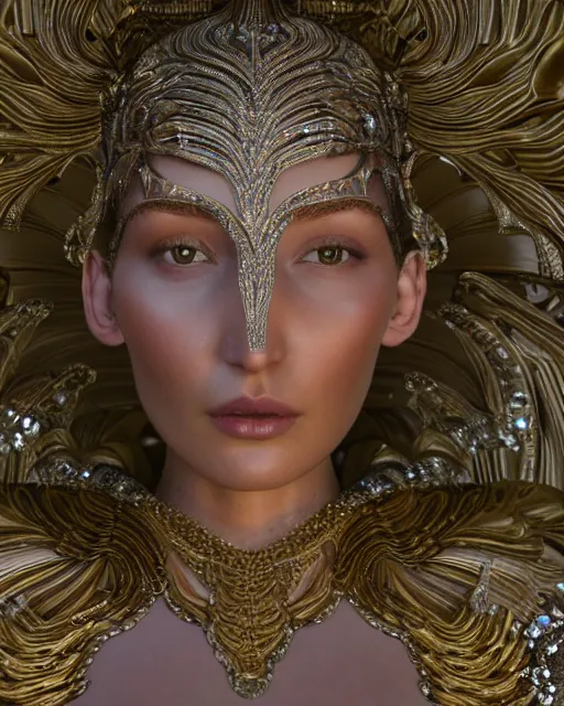 Prompt: a highly detailed metahuman 4 k close up render of an alien goddess bella hadid monument sacred in iris van herpen dress schiaparelli in diamonds crystals swarovski and jewelry iridescent in style of alphonse mucha gustav klimt trending on artstation made in unreal engine 4