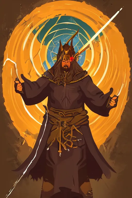 Image similar to Portrait of a devil that is a wizard casting a spell , wizard, medieval, sticker, colorful, casting epic spell, magic the gathering artwork, D&D, fantasy, artstation, heroic pose, illustration, highly detailed, simple, smooth and clean vector curves, no jagged lines, vector art, smooth